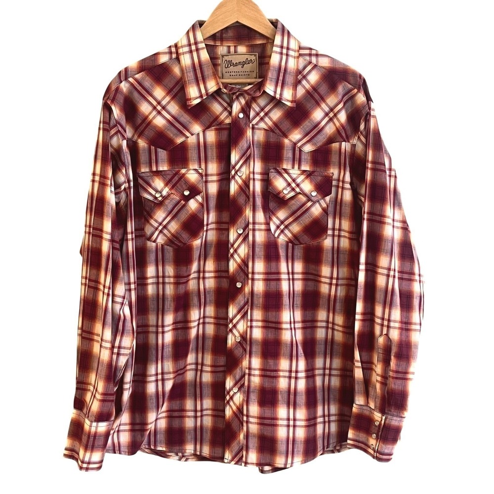 Wrangler Red Yellow Plaid Pearl Snap Long Sleeve Western Cowboy Shirt XL Men's